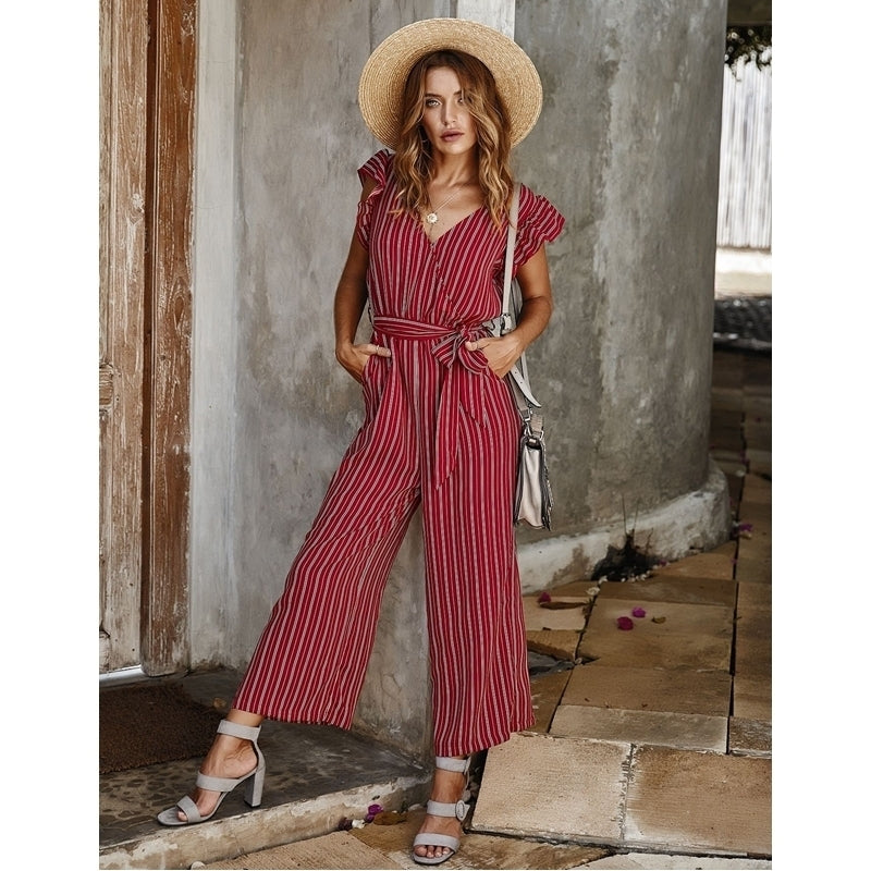 Womens Striped Jumpsuit Ruffle Sleeves Image 7