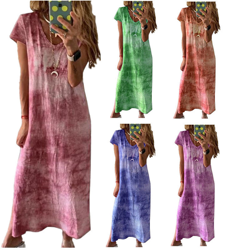 Female V-Neck Slit Print Dress 5 Colors Image 1