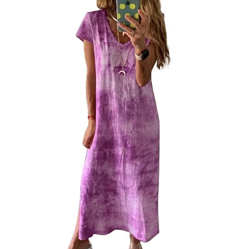 Female V-Neck Slit Print Dress 5 Colors Image 1