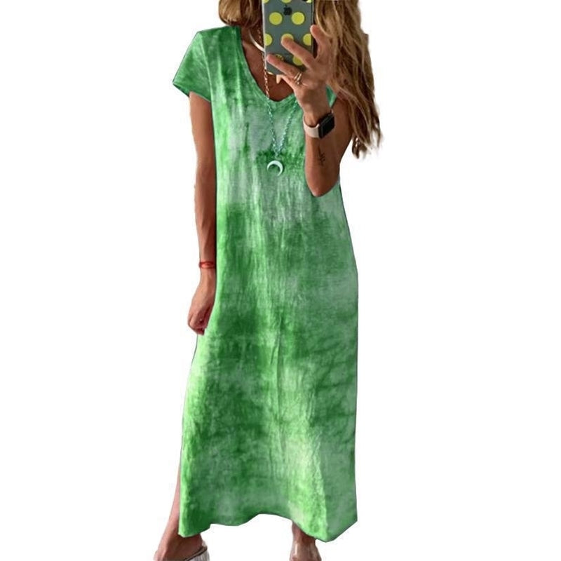Female V-Neck Slit Print Dress 5 Colors Image 4