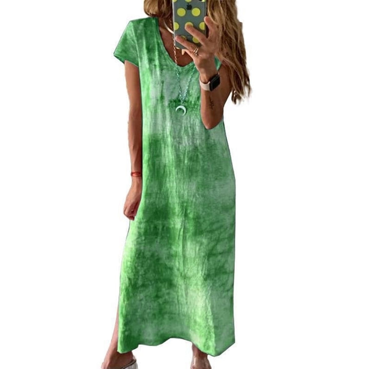 Female V-Neck Slit Print Dress 5 Colors Image 4