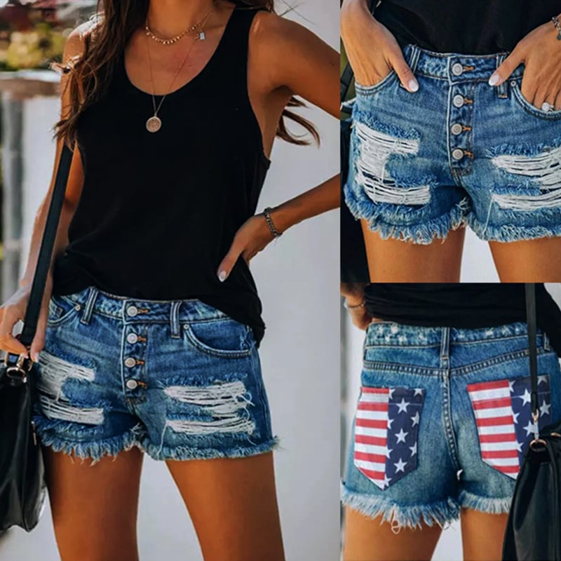 Flag Printed Ripped Raw Fringed Jeans Image 1