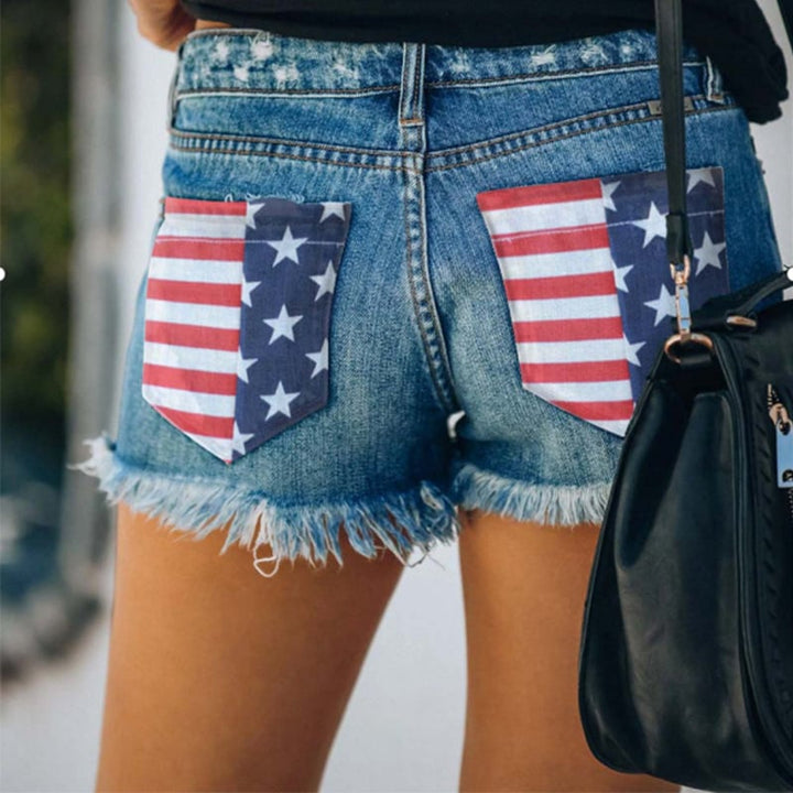 Flag Printed Ripped Raw Fringed Jeans Image 4