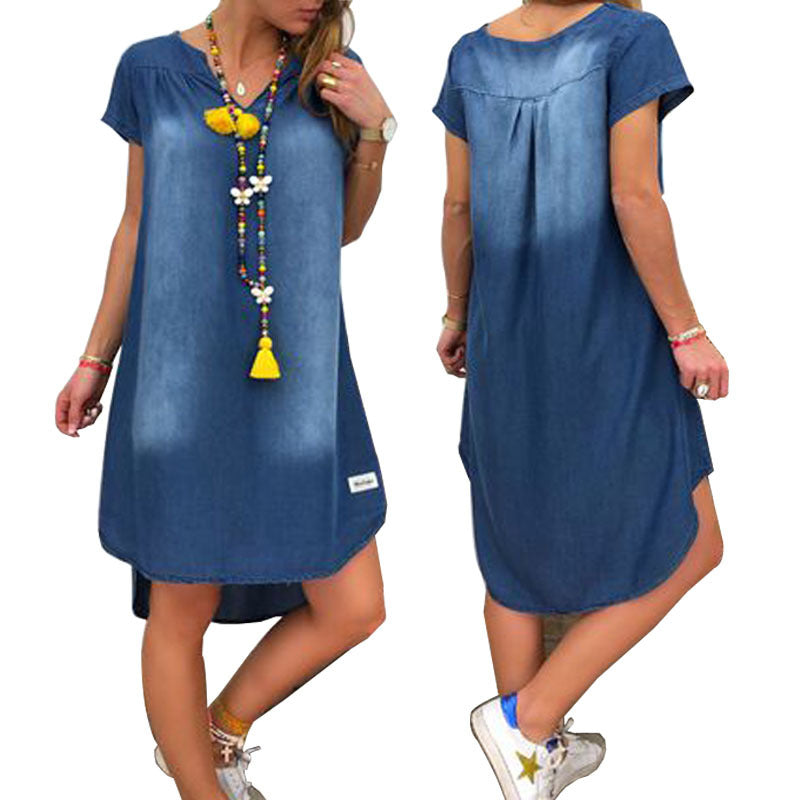 V-Neck Pullover Short Sleeve Denim Dress Image 1