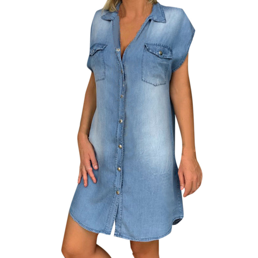 Short-Sleeved Denim Dress With Pockets Image 1