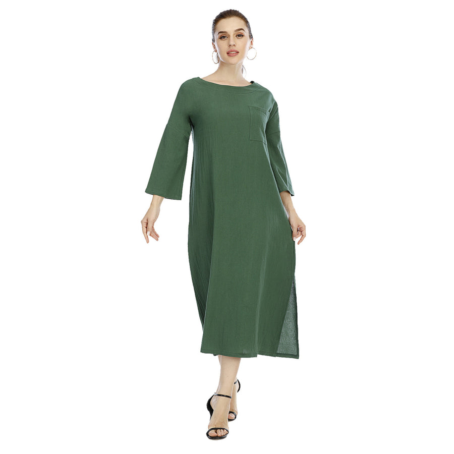 Womens Cotton And Linen Five-Point Sleeve Dress Image 1