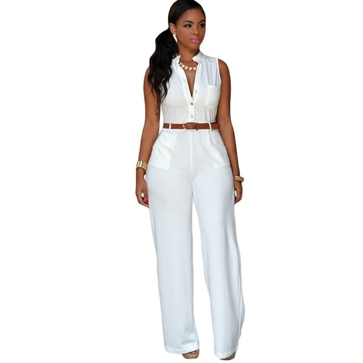 Single-Breasted High-Waist Belted Wide-Leg Jumpsuit Image 3
