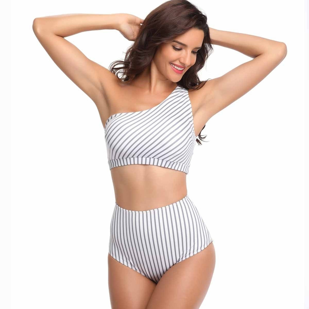 One-Shoulder Striped Split Swimsuit Women Image 3