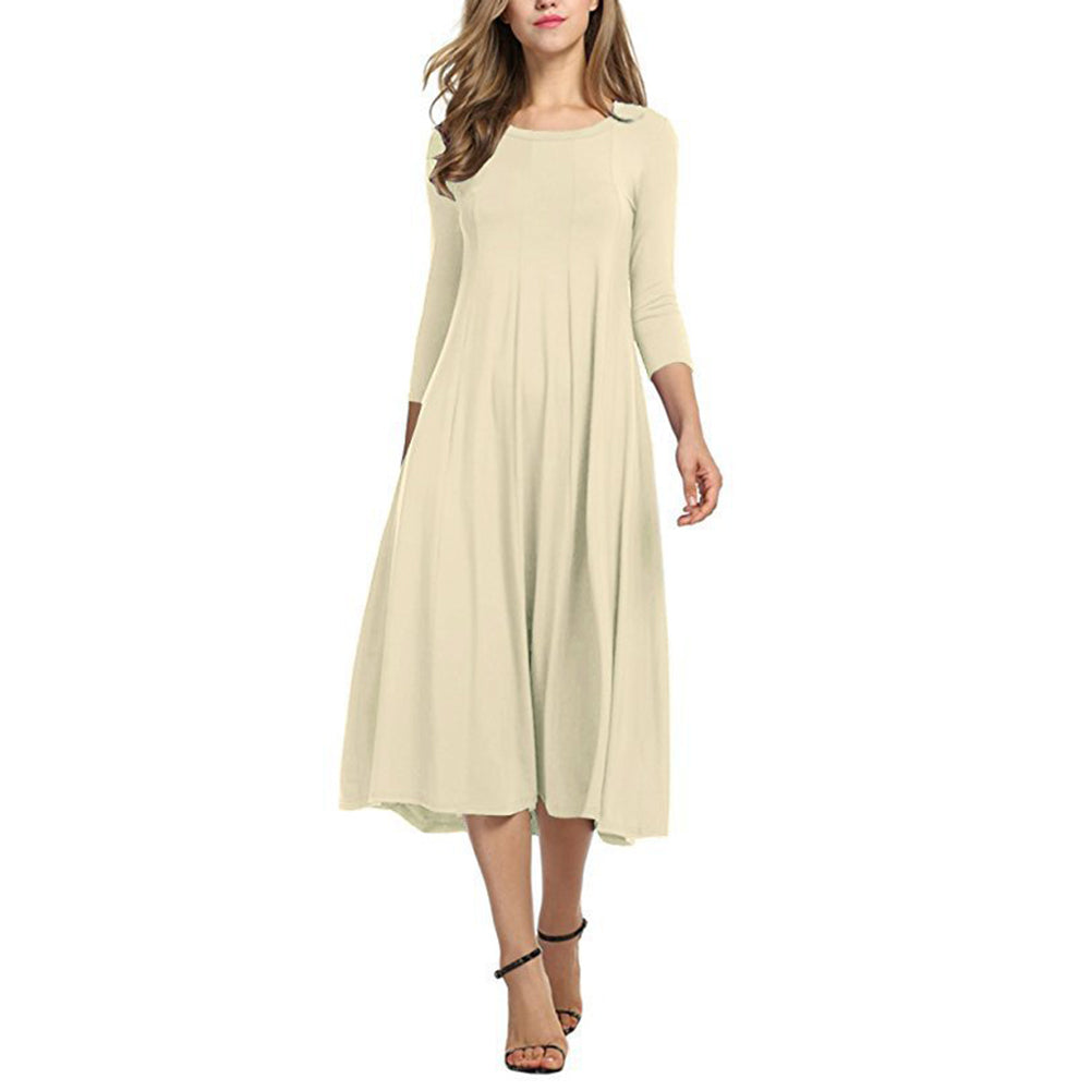 Womens Round Neck Mid-Sleeved Solid Color Dress Image 3