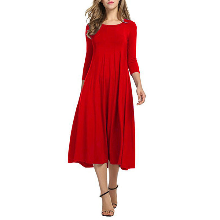Womens Round Neck Mid-Sleeved Solid Color Dress Image 4