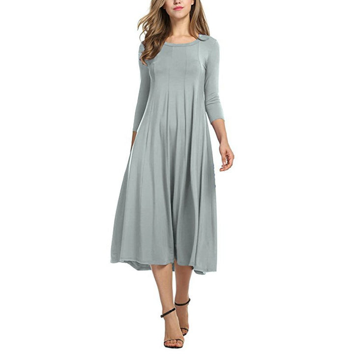 Womens Round Neck Mid-Sleeved Solid Color Dress Image 1