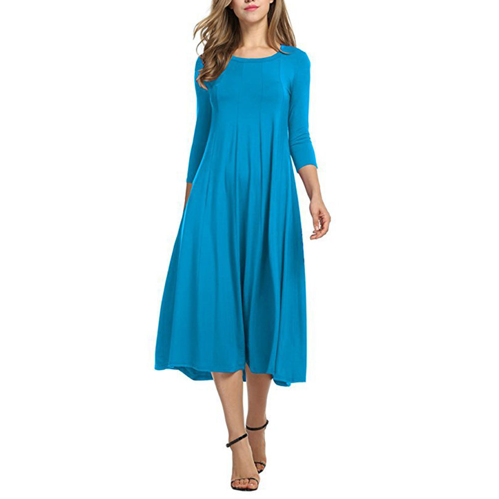 Womens Round Neck Mid-Sleeved Solid Color Dress Image 10