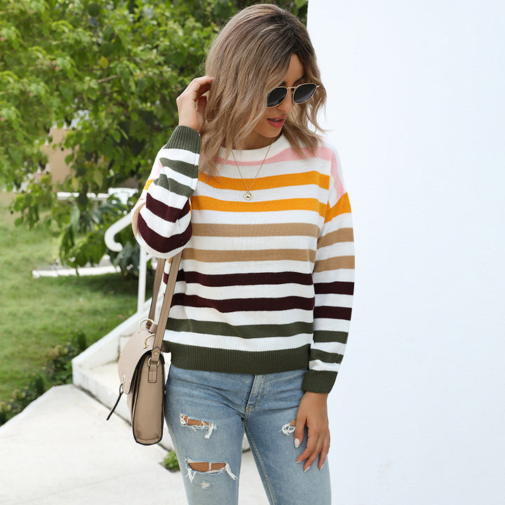 Womens Striped Color Block Pullover Student Top Image 3