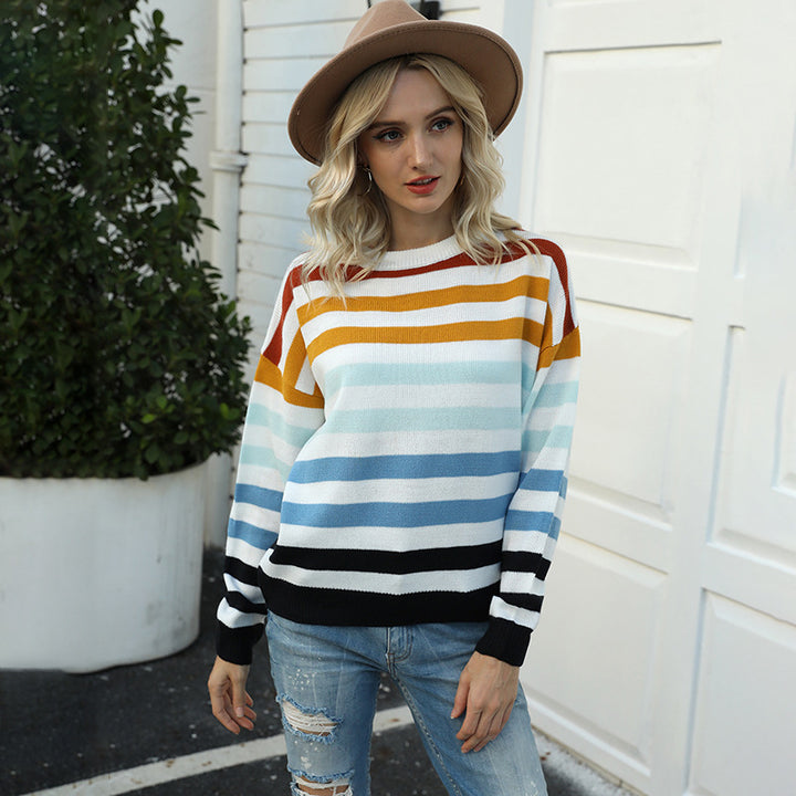 Womens Striped Color Block Pullover Student Top Image 4