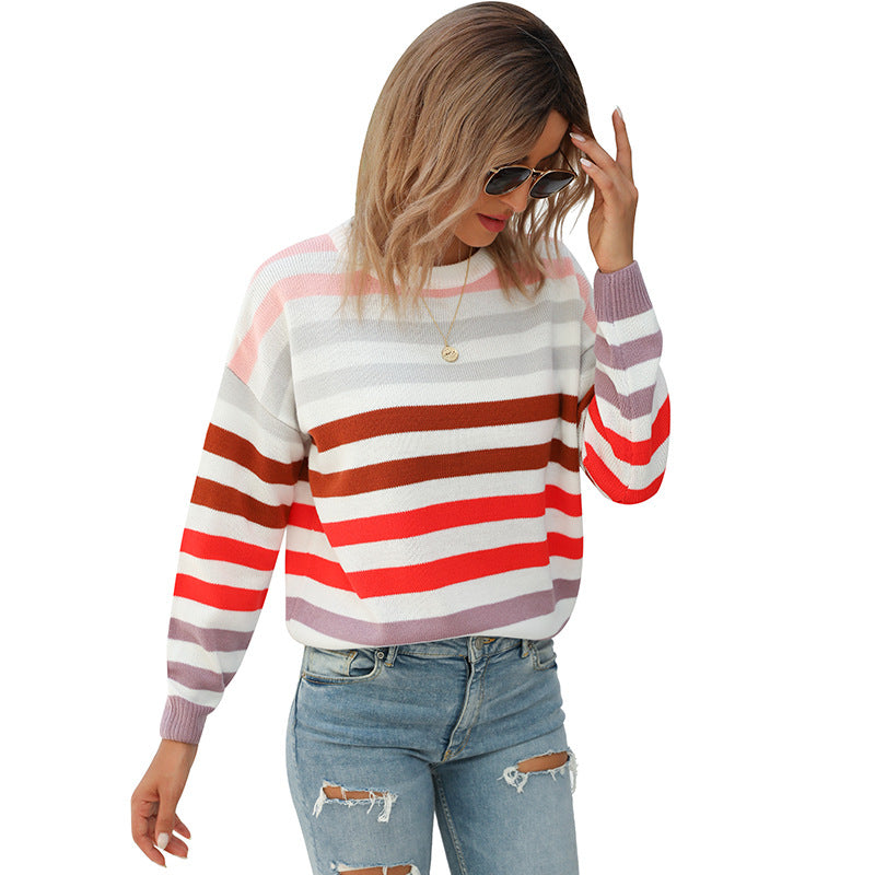 Womens Striped Color Block Pullover Student Top Image 6