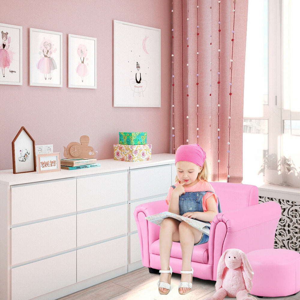 Costway Pink Kids Sofa Armrest Chair Couch Children Toddler Birthday Gift w/ Ottoman Image 2