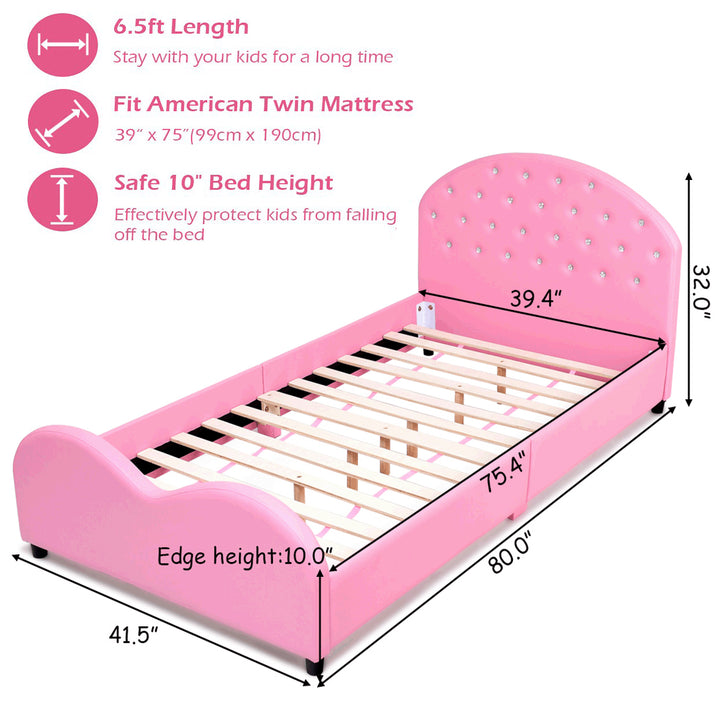 Kids Children PU Upholstered Platform Wooden Princess Bed Bedroom Furniture Pink Image 6