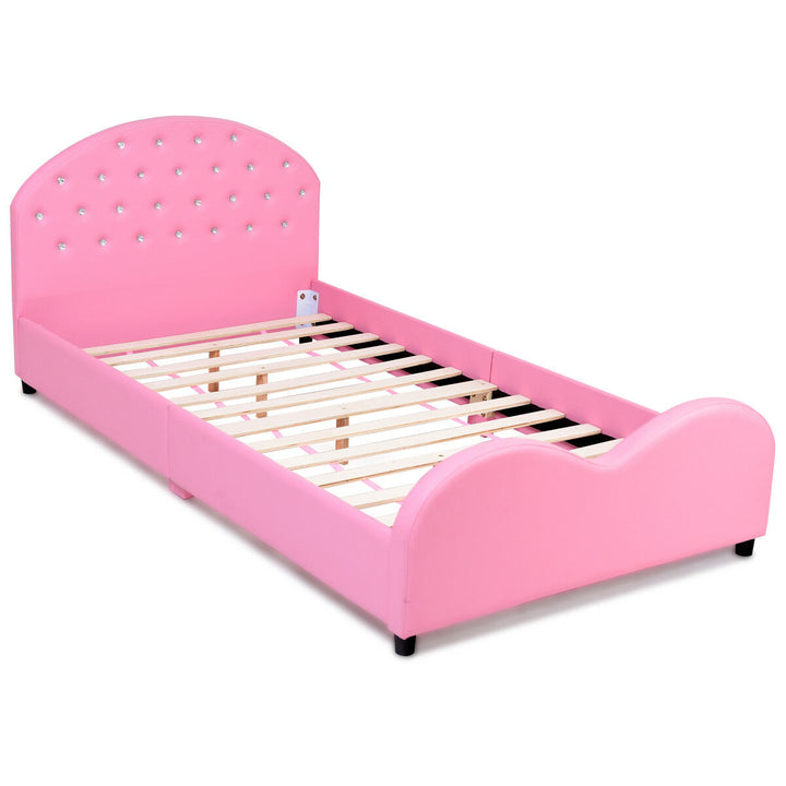 Kids Children PU Upholstered Platform Wooden Princess Bed Bedroom Furniture Pink Image 7