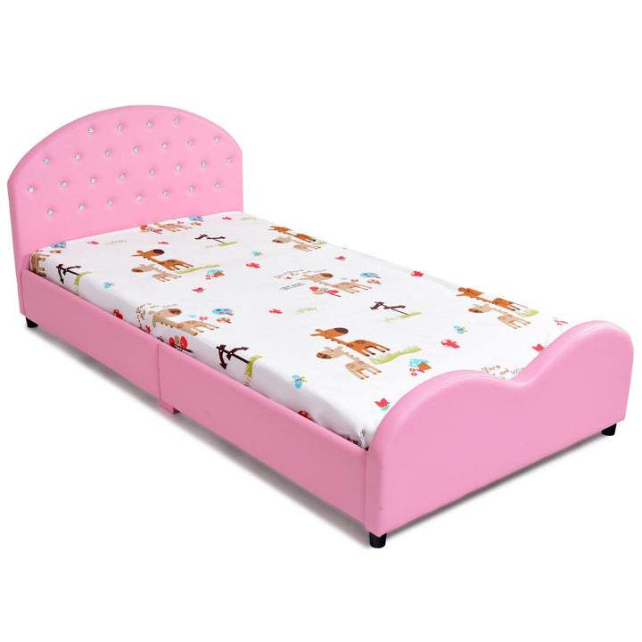 Kids Children PU Upholstered Platform Wooden Princess Bed Bedroom Furniture Pink Image 8
