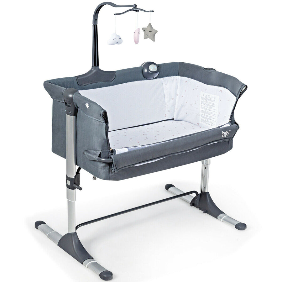 Gymax Portable Baby Bed Side Crib Height Adjustable W/ Music Box and Toys Dark Grey Image 1