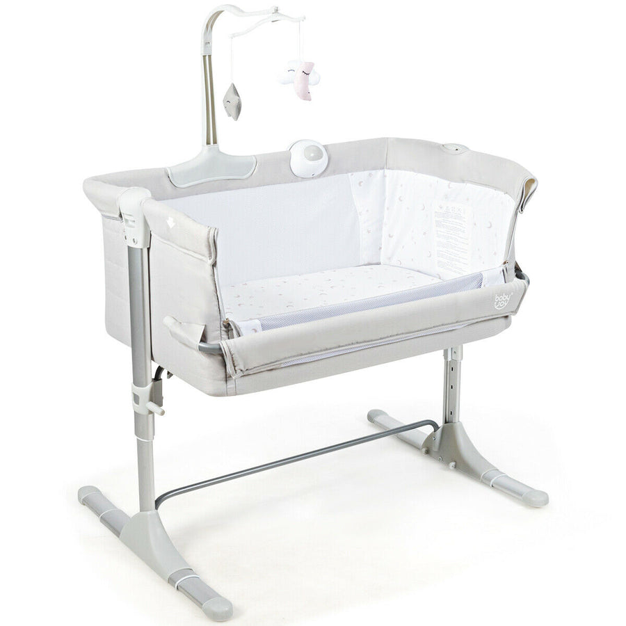 Gymax Portable Baby Bed Side Crib Height Adjustable W/ Music Box and Toys Light Grey Image 1