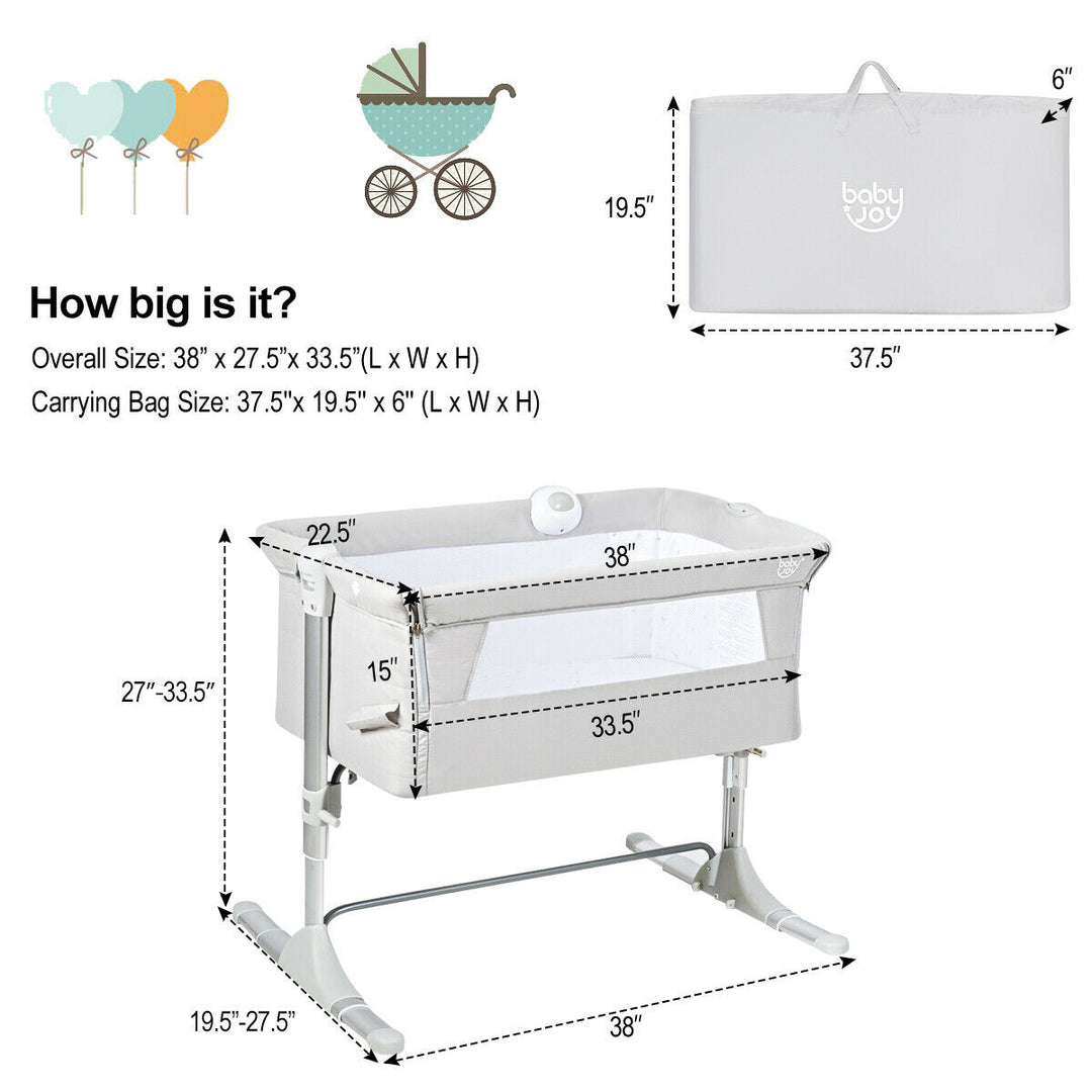 Gymax Portable Baby Bed Side Crib Height Adjustable W/ Music Box and Toys Light Grey Image 10