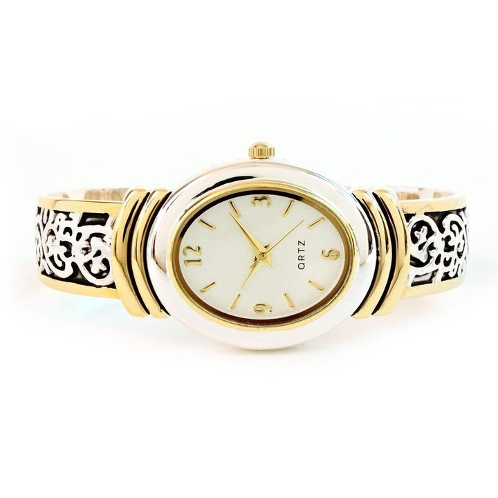 2Tone Western Style Decorated Oval Face Womens Bangle Cuff Watch Image 3