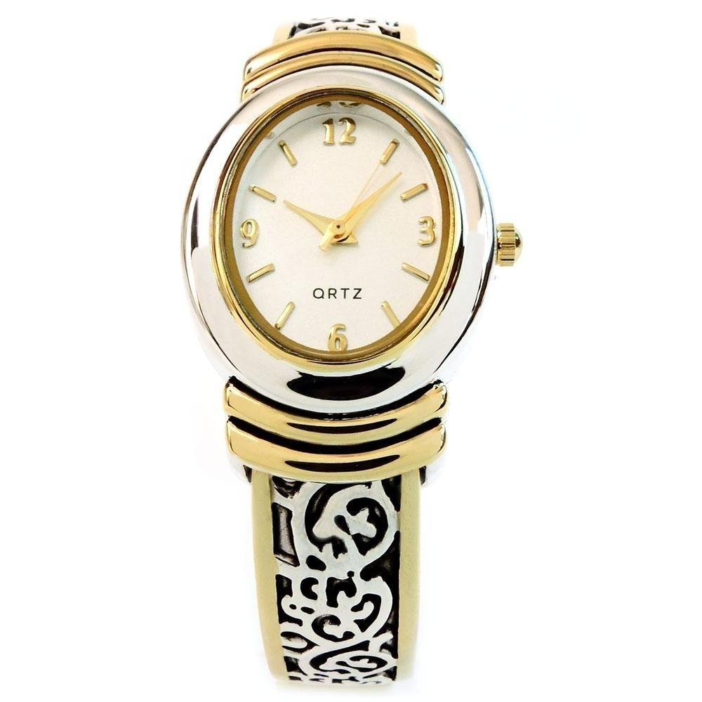 2Tone Western Style Decorated Oval Face Womens Bangle Cuff Watch Image 4