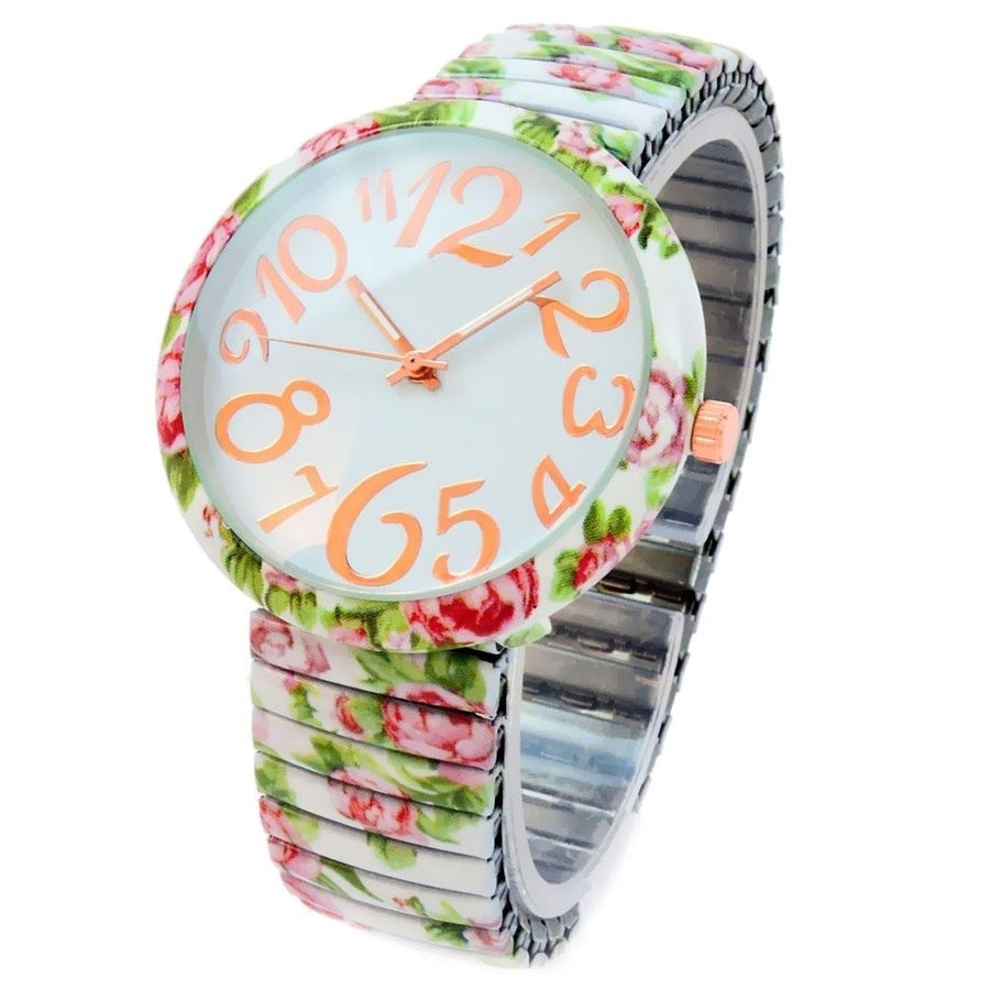 White Roses Floral Print Large Face Easy to Read Stretch Band Extension Womens Watch Image 1