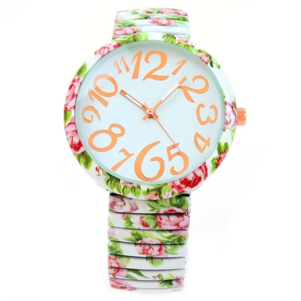 White Roses Floral Print Large Face Easy to Read Stretch Band Extension Womens Watch Image 2