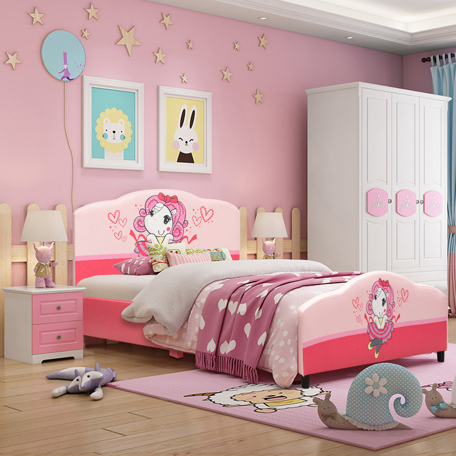 Kids Children Upholstered Platform Toddler Bed Bedroom Furniture Girl Pattern Image 1