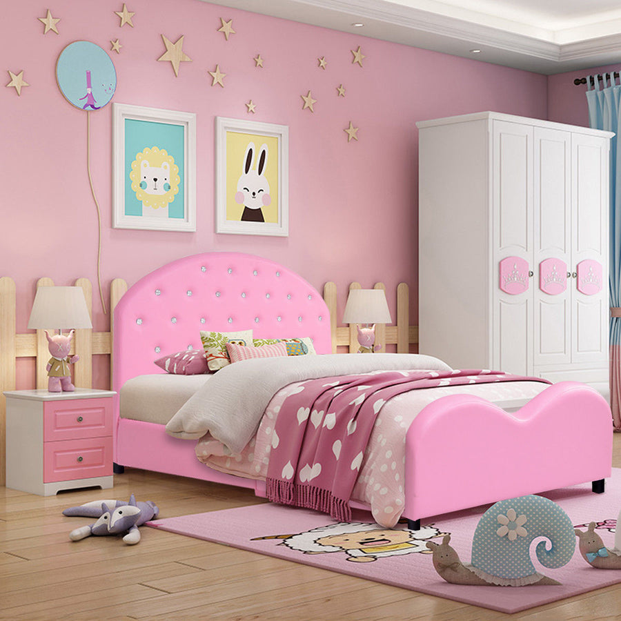Kids Children PU Upholstered Platform Wooden Princess Bed Bedroom Furniture Pink Image 1