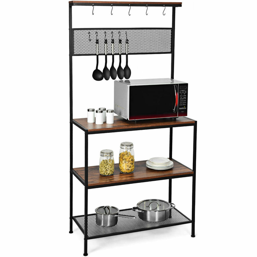 4-Tier Kitchen Bakers Rack Microwave Oven Stand Industrial w/Hooks and Mesh Panel Image 1