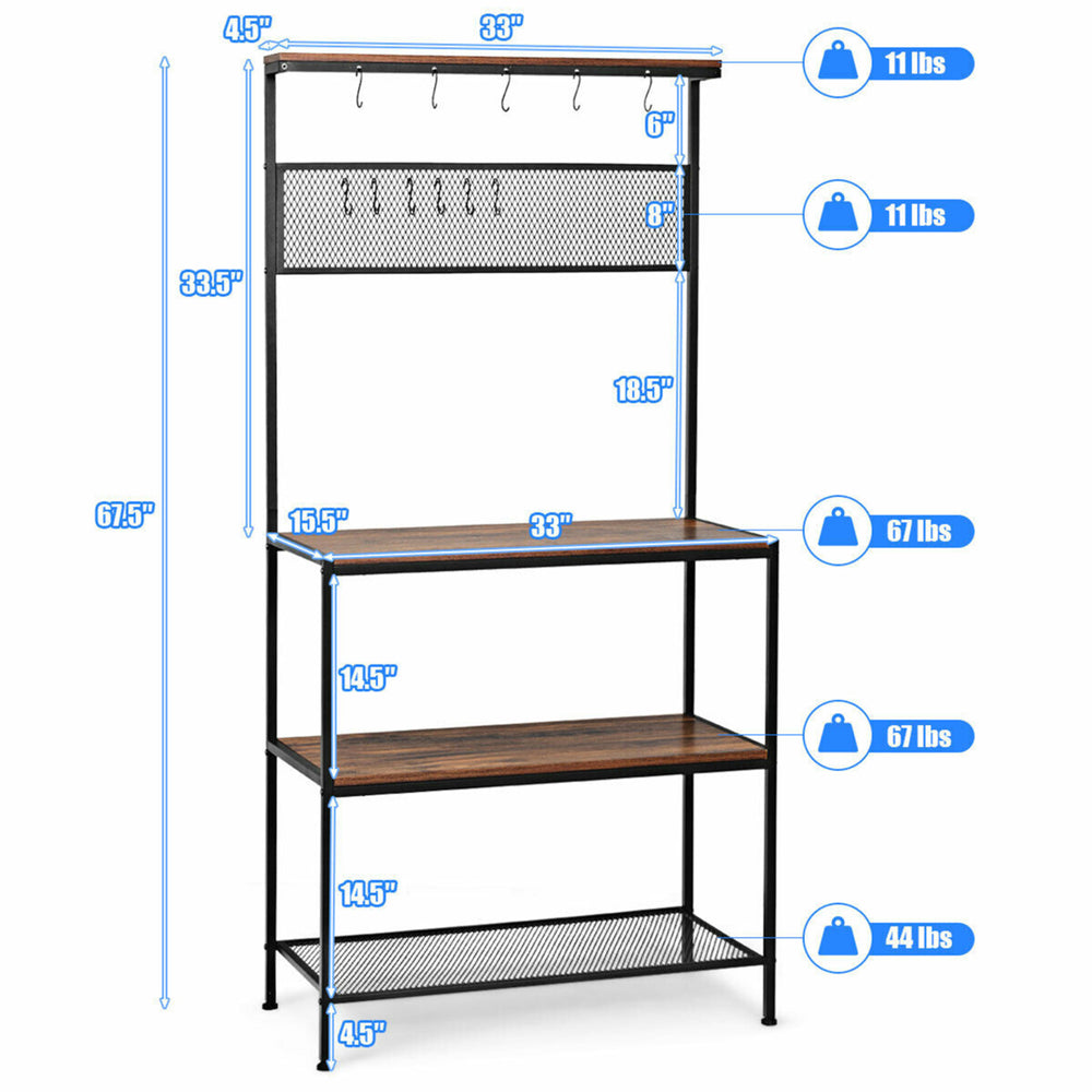 4-Tier Kitchen Bakers Rack Microwave Oven Stand Industrial w/Hooks and Mesh Panel Image 2