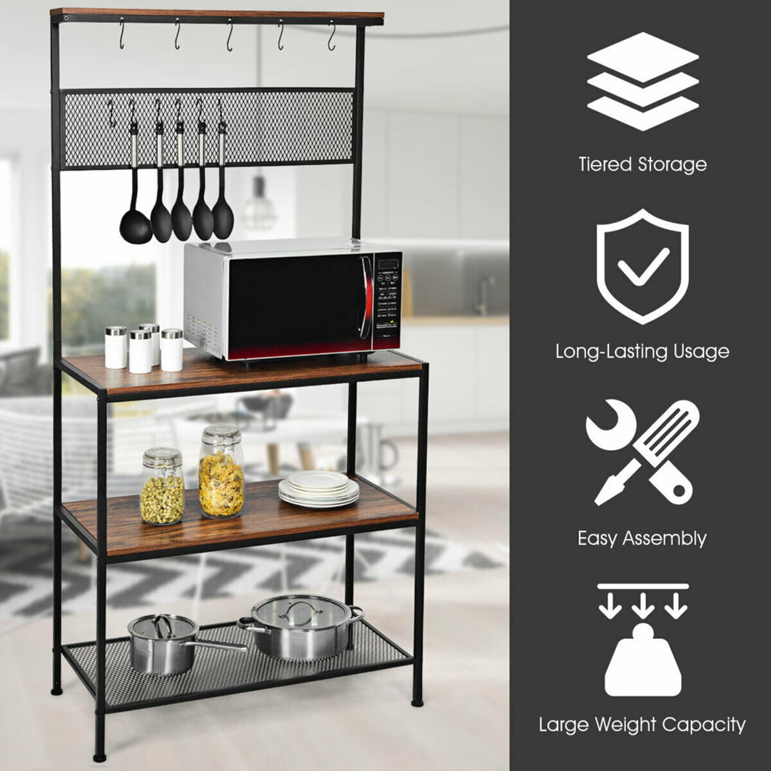 4-Tier Kitchen Bakers Rack Microwave Oven Stand Industrial w/Hooks and Mesh Panel Image 6