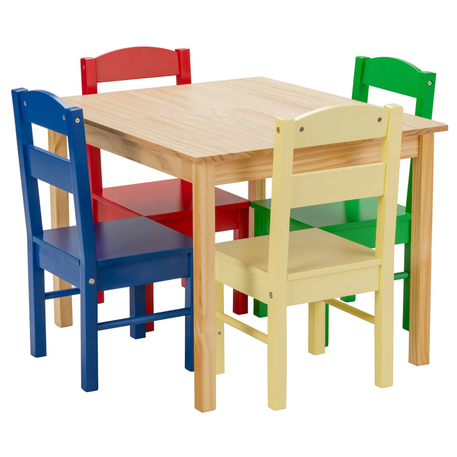 Kids 5 Piece Table Chair Set Pine Wood Multicolor Children Play Room Furniture Image 1