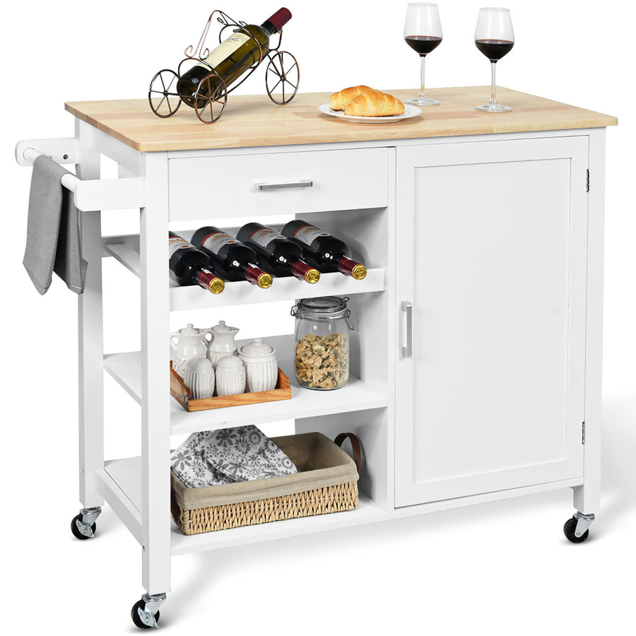 4-Tier Wood Kitchen Island Trolley Cart Storage Cabinet w/ Wine Rack White Image 1
