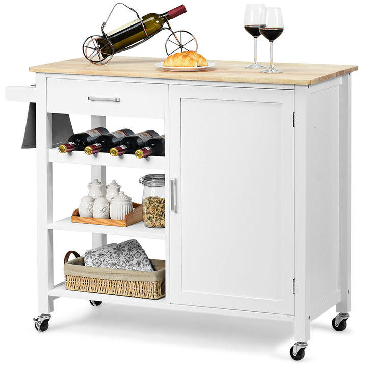 4-Tier Wood Kitchen Island Trolley Cart Storage Cabinet w/ Wine Rack White Image 8
