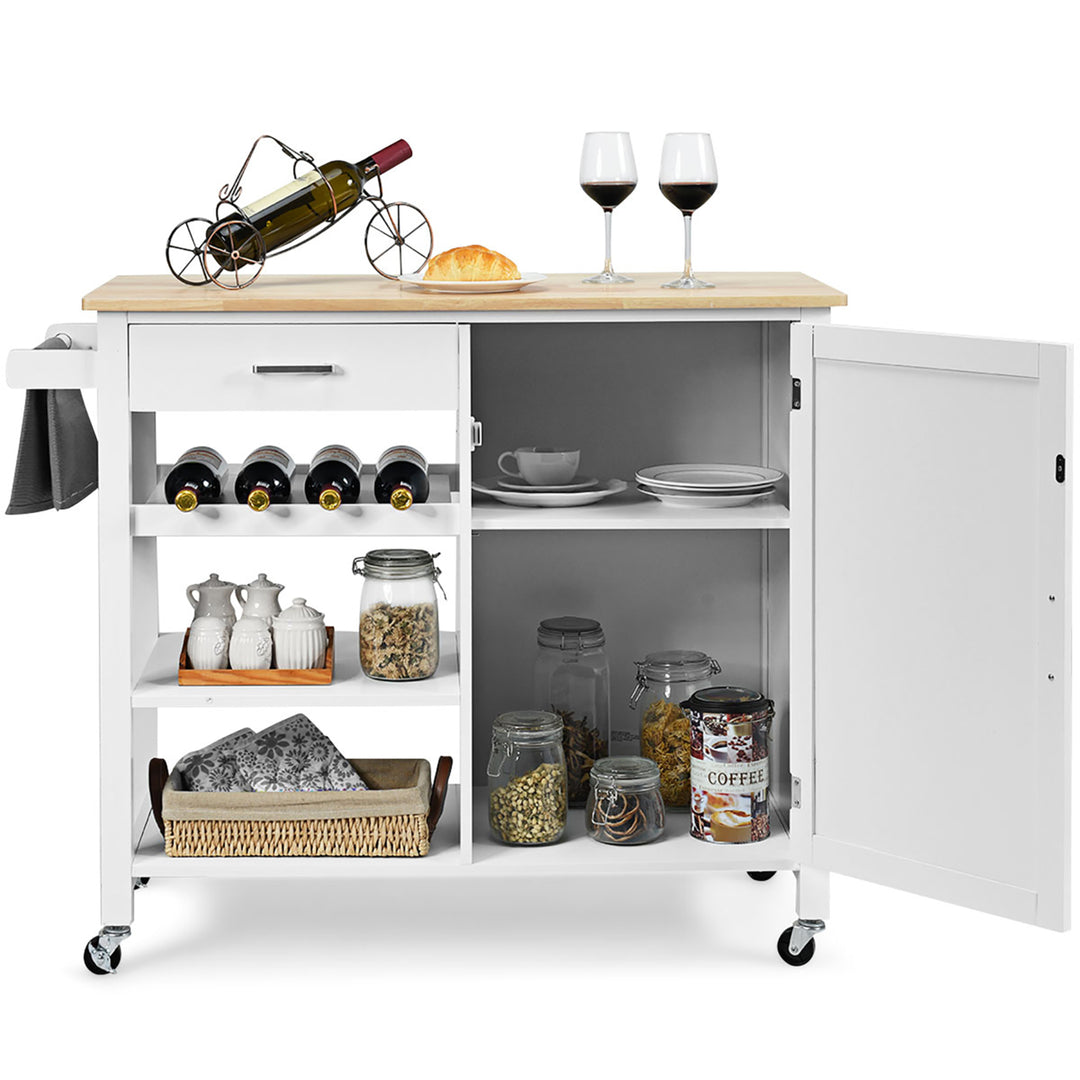 4-Tier Wood Kitchen Island Trolley Cart Storage Cabinet w/ Wine Rack White Image 9