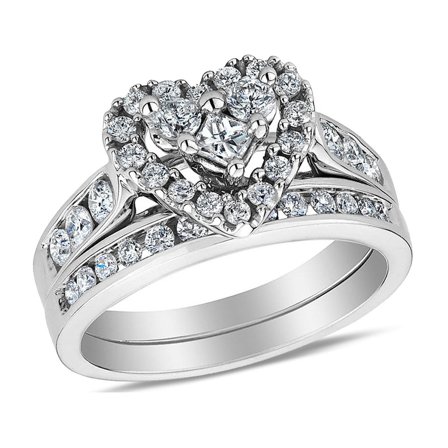 1.00 Carat (ctw H-II1-I2) Diamond Heart Engagement Ring and Wedding Band Set in 14K White Gold Image 1