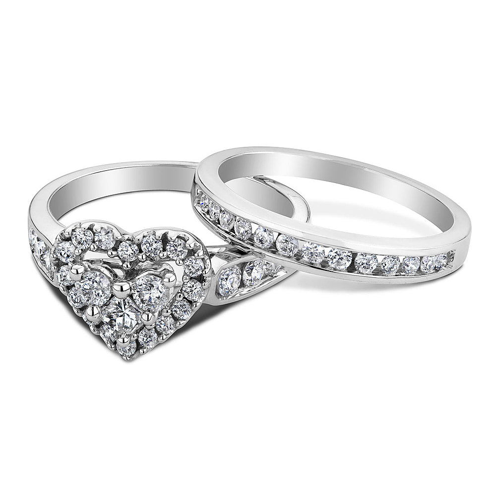 1.00 Carat (ctw H-II1-I2) Diamond Heart Engagement Ring and Wedding Band Set in 14K White Gold Image 2