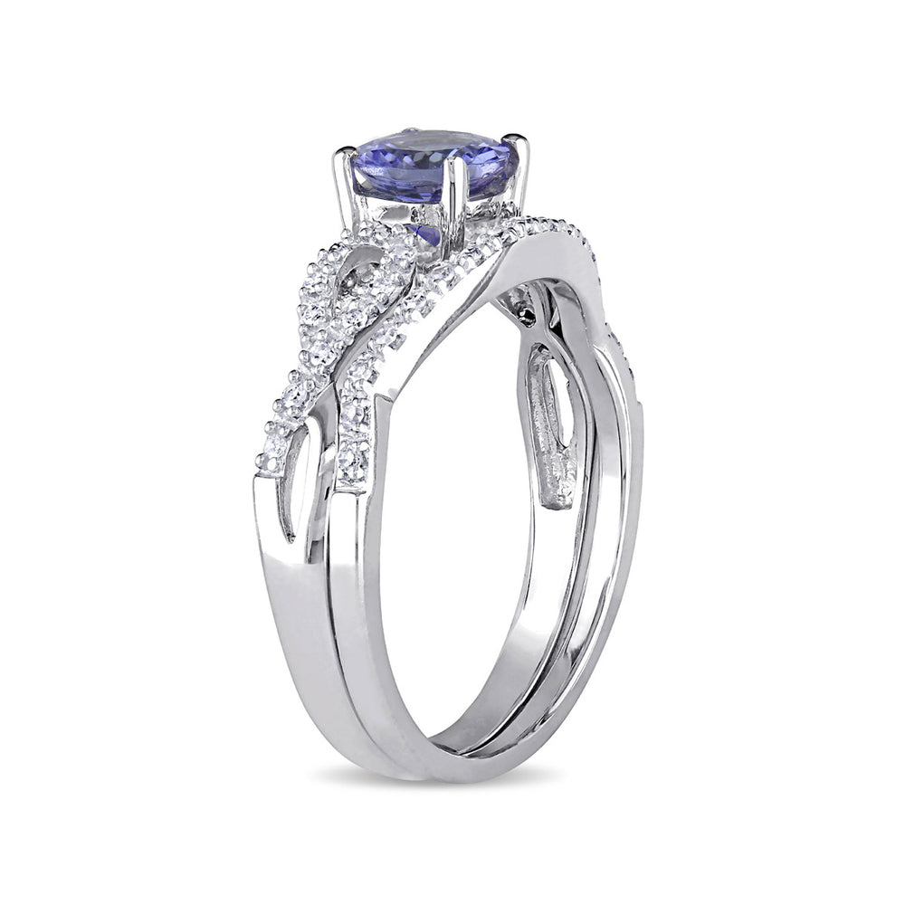 1.00 Carat (ctw) Tanzanite Engagement Ring and Wedding Band in 10K White Gold with Diamonds Image 2