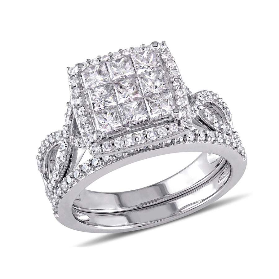 1.50 Carat (ctw) Princess Cut Diamond Engagement Ring and Wedding Band Set 10K White Gold Image 1