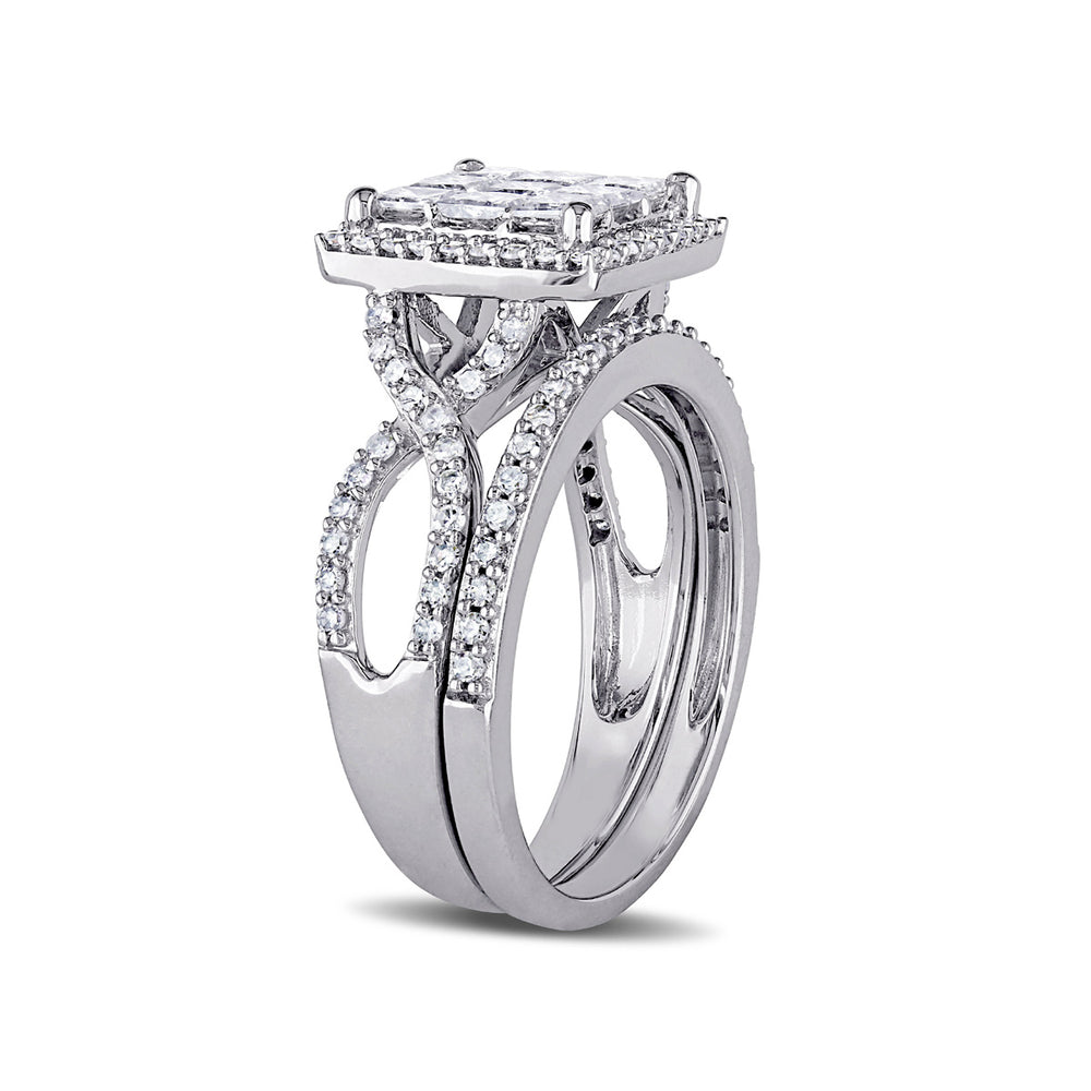 1.50 Carat (ctw) Princess Cut Diamond Engagement Ring and Wedding Band Set 10K White Gold Image 2