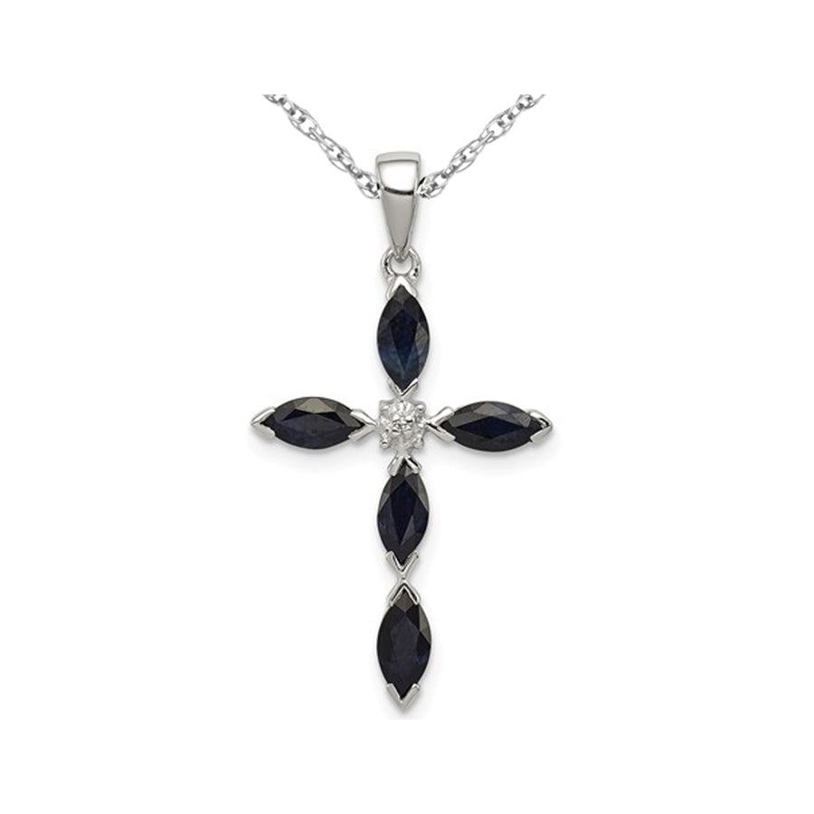 1.40 Carat (ctw) Natural Dark Blue Sapphire Cross Pendant Necklace in Sterling Silver with Chain Image 1
