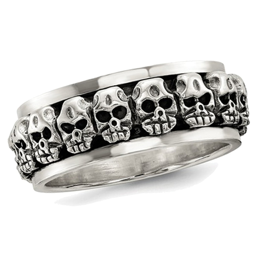 Mens Antiqued Polished Skull Ring in Sterling Silver with Spinning Center Image 1