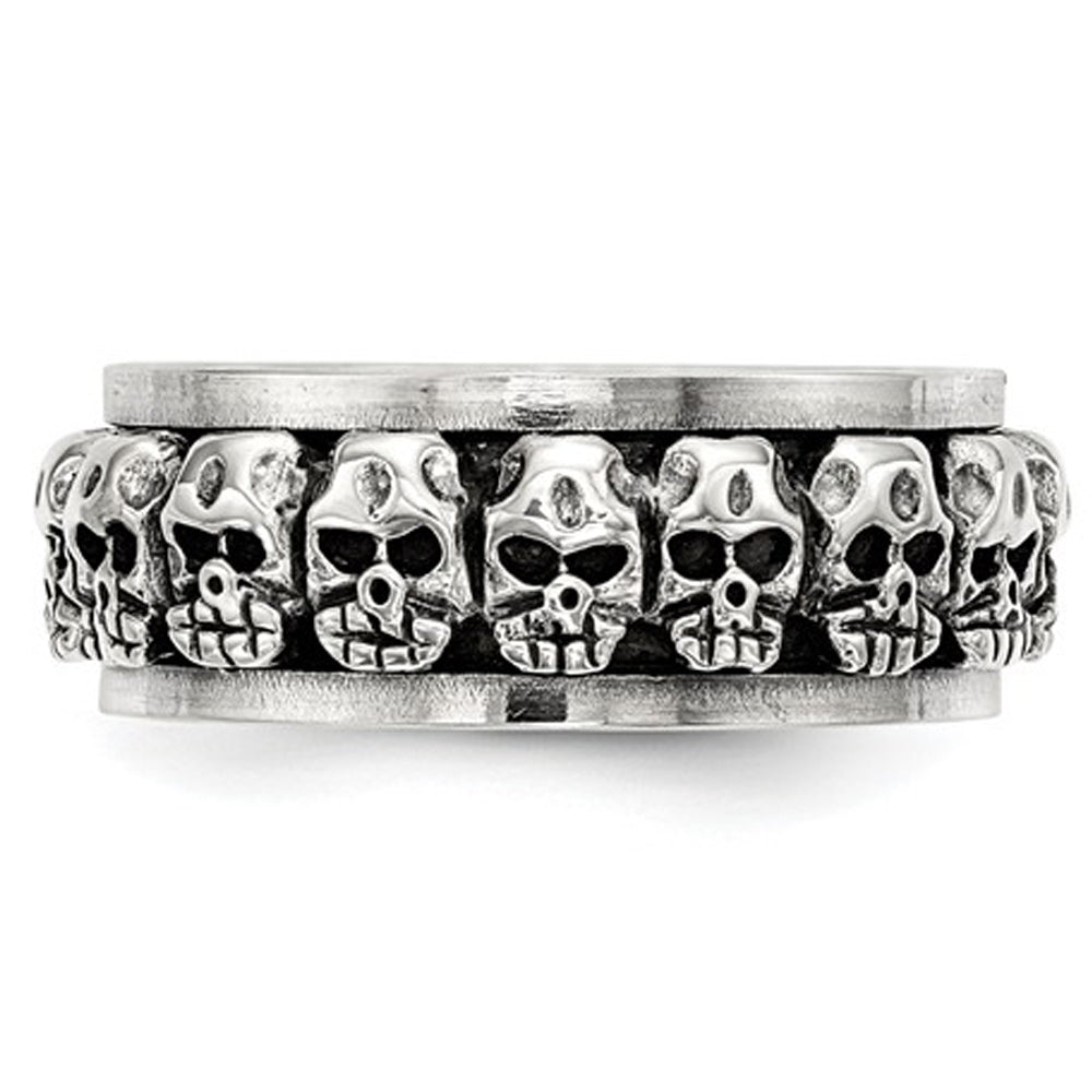 Mens Antiqued Polished Skull Ring in Sterling Silver with Spinning Center Image 2