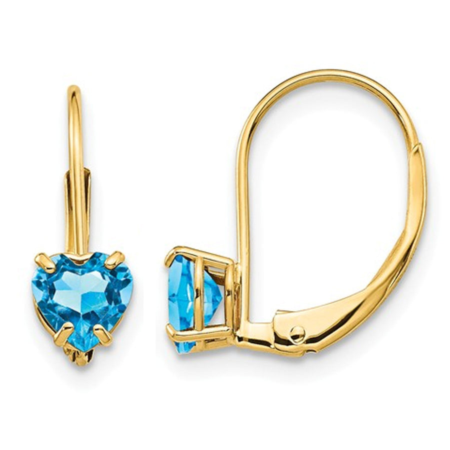 1.00 Carat (ctw) Natural Blue Topaz Leverback Heart Earrings in 14K Yellow Gold Image 1