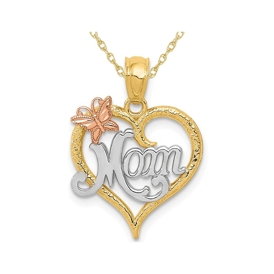 MOM Heart Butterfly Pendant Necklace in 14K Yellow and White Gold Image 1