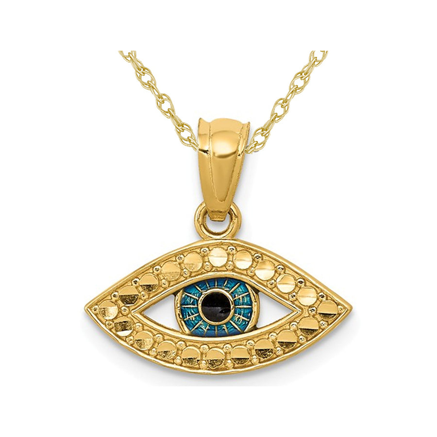 14K Yellow Gold Blue Enamel Evil Eye Charm Pendant Necklace with Chain Image 1